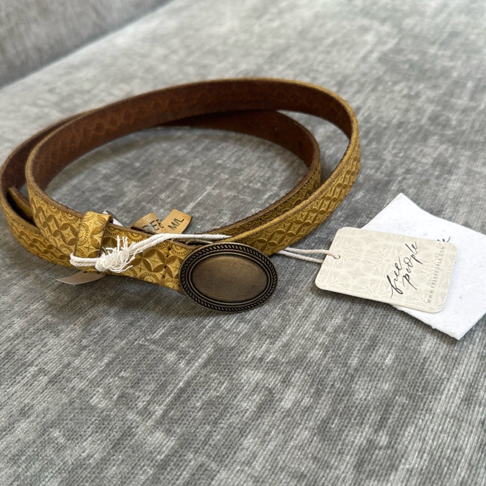 Free People Mustard Yellow Textured Leather Belt with Oval Brass Buckle